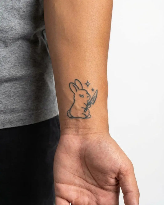 INKON Killer Bunny semi-permanent tattoo applied on a man – 2 x 2 in (5x5cm) design, realistic ink look, lasts 10 days