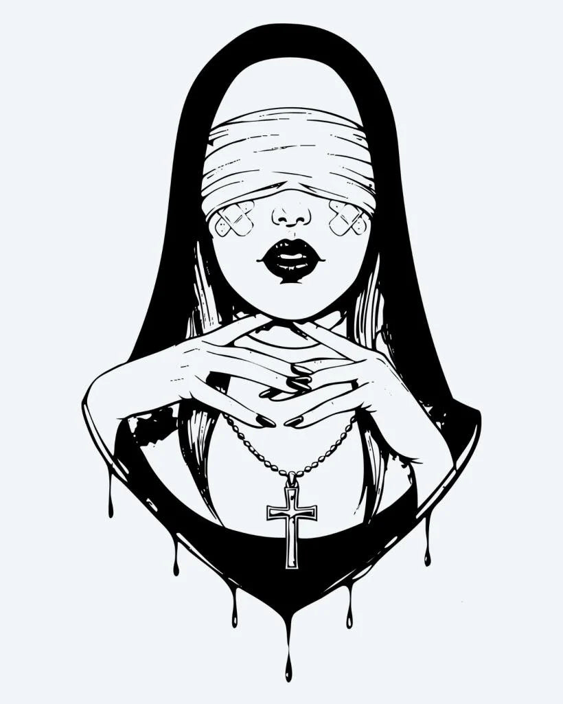 Blindfolded Nun semi-permanent tattoo design by INKON – mysterious, blindfolded, woman, veil, holding illustration, 4 x 7 in (10x17cm), available at inkon.co