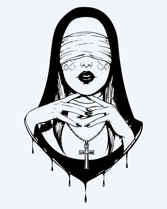 Blindfolded Nun semi-permanent tattoo design by INKON – mysterious, blindfolded, woman, veil, holding illustration, 4 x 7 in (10x17cm), available at inkon.co