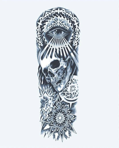 Skull, All-Seeing Eye & Mandala semi-permanent tattoo design by INKON – mystical, full, sleeve, skull, seeing illustration, 8 x 20 in (20x50cm), available at inkon.co