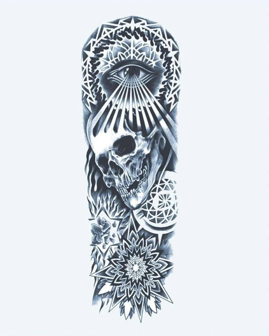 Skull, All-Seeing Eye & Mandala semi-permanent tattoo design by INKON – mystical, full, sleeve, skull, seeing illustration, 8 x 20 in (20x50cm), available at inkon.co