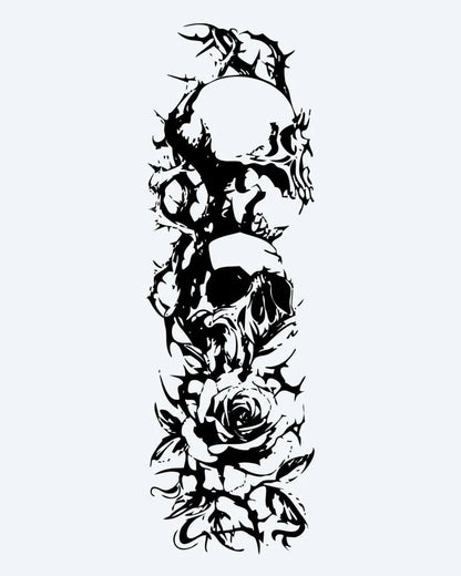 Skulls & Roses Sleeve semi-permanent tattoo design by INKON – full, sleeve, skulls, intertwined, roses illustration, 8 x 20 in (20x50cm), available at inkon.co