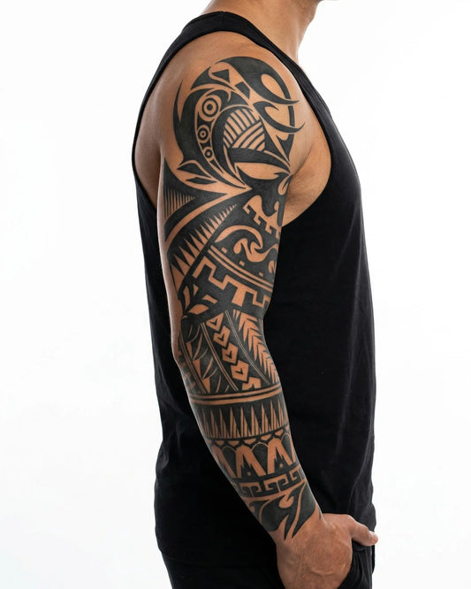 INKON Samoan Tribal semi-permanent tattoo applied on a man – 8 x 20 in (20x50cm) design, realistic ink look, lasts 10 days