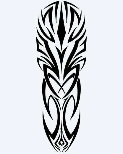 Bold Tribal Crest semi-permanent tattoo design by INKON – symmetrical, tribal, sharp, intersecting, lines illustration, 8 x 20 in (20x50cm), available at inkon.co