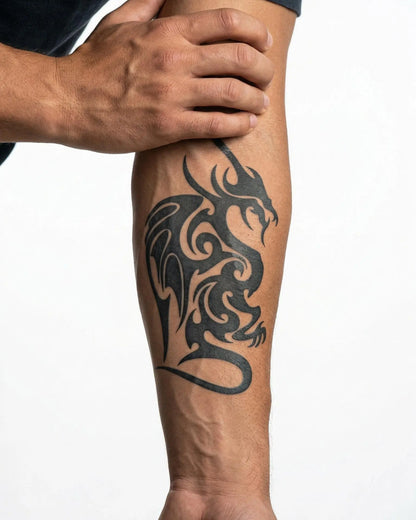 INKON Winged Dragon semi-permanent tattoo applied on a man – 4 x 7 in (10x17cm) design, realistic ink look, lasts 10 days
