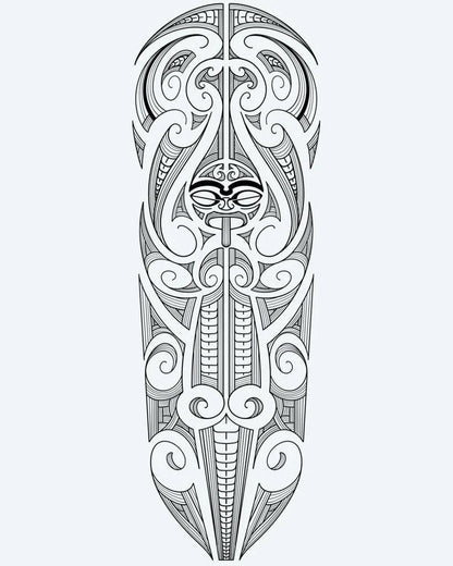 Maori Tiki Full Sleeve semi-permanent tattoo design by INKON – polynesian, tiki, face, center, surrounded illustration, 8 x 20 in (20x50cm), available at inkon.co