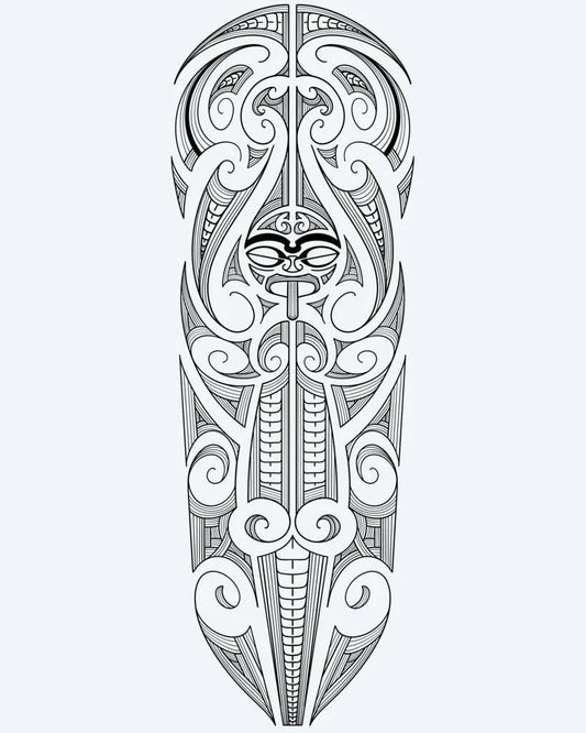 Maori Tiki Full Sleeve semi-permanent tattoo design by INKON – polynesian, tiki, face, center, surrounded illustration, 8 x 20 in (20x50cm), available at inkon.co