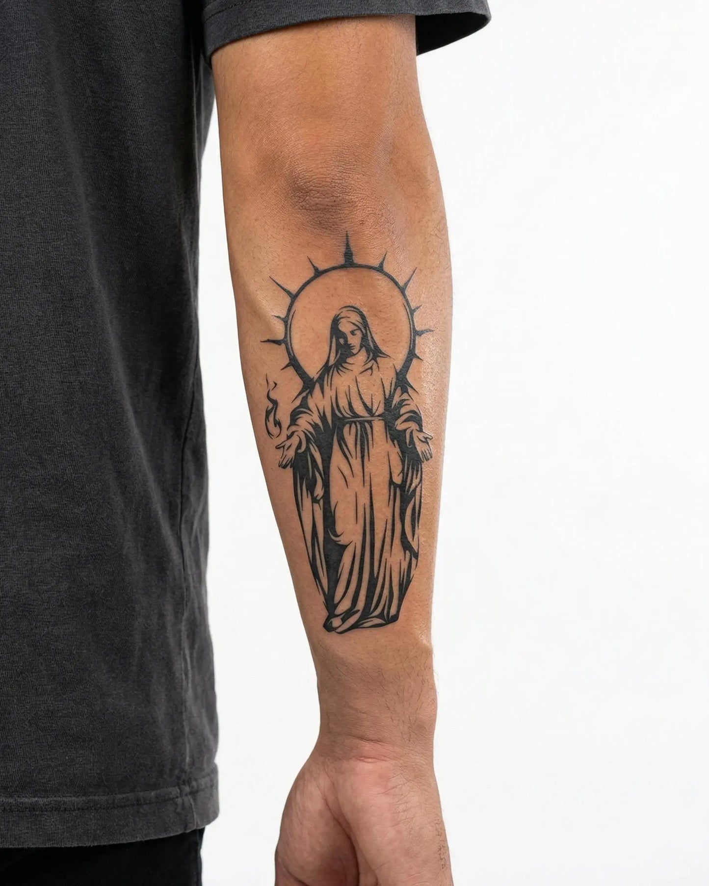 INKON Virgin Mary with Halo semi-permanent tattoo applied on a man – 4 x 7 in (10x17cm) design, realistic ink look, lasts 10 days