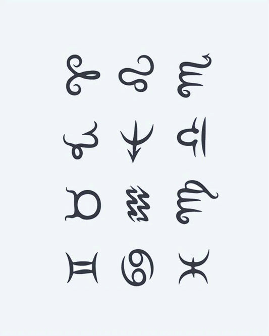 Zodiac Signs Collection semi-permanent tattoo design by INKON – zodiac, symbol, tattoos, minimalist, calligraphic illustration, 4 x 7 in (10x17cm), available at inkon.co