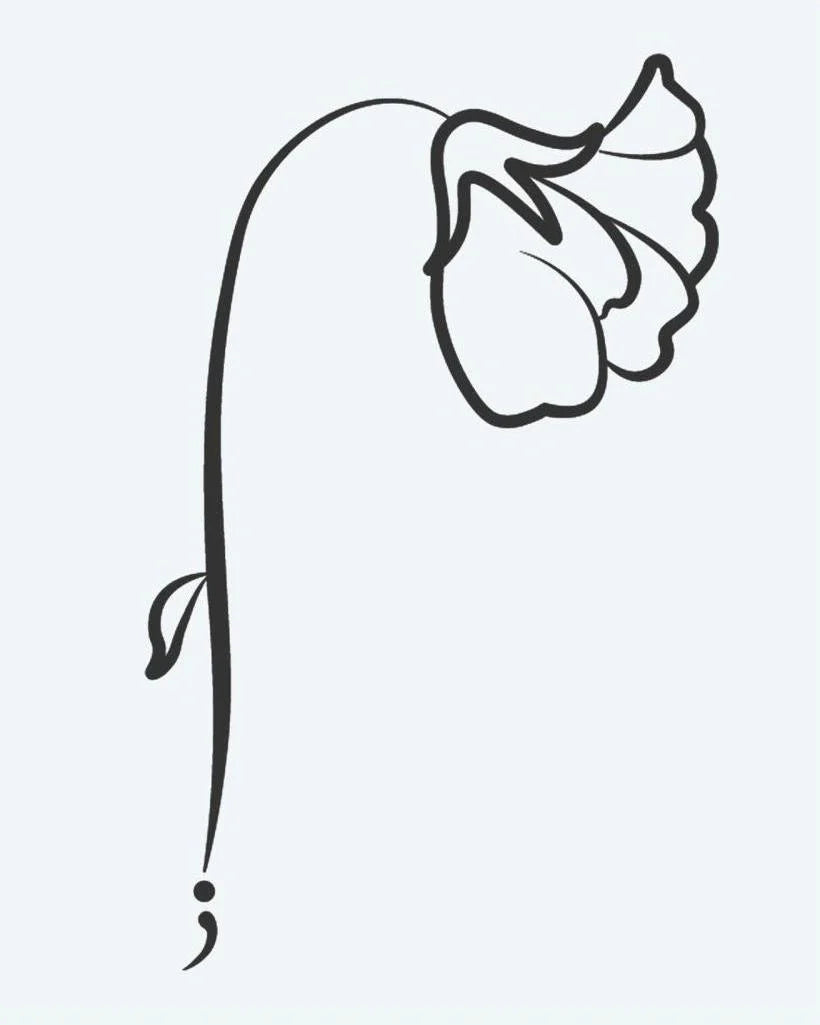 Semicolon Flower semi-permanent tattoo design by INKON – drooping, flower, semicolon, stem, base illustration, 2 x 2 in (5x5cm), available at inkon.co