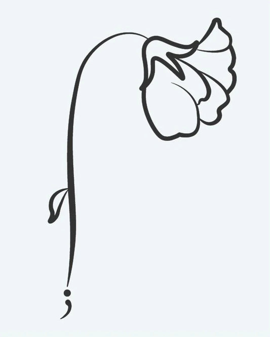 Semicolon Flower semi-permanent tattoo design by INKON – drooping, flower, semicolon, stem, base illustration, 2 x 2 in (5x5cm), available at inkon.co