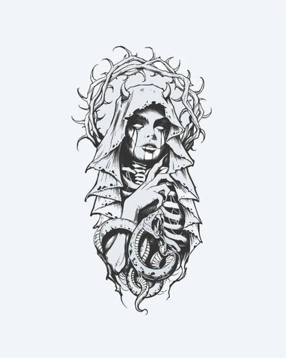 Veiled Lady & Serpent semi-permanent tattoo design by INKON – dark, gothic, veiled, weeping, woman illustration, 4 x 8 in (11x21cm), available at inkon.co