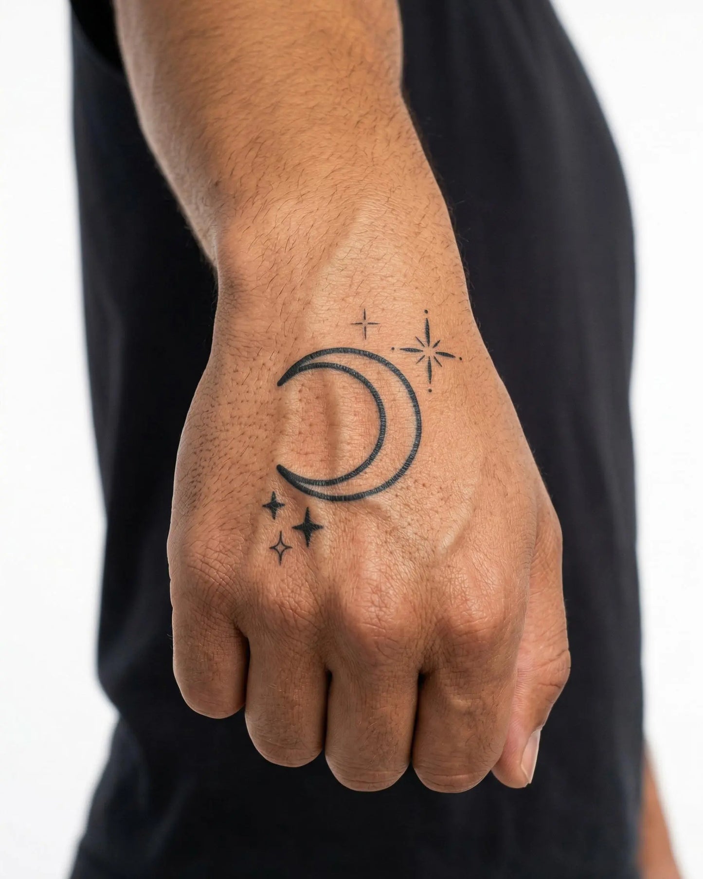 INKON Crescent Moon & Stars semi-permanent tattoo applied on a man – 2 x 2 in (5x5cm) design, realistic ink look, lasts 10 days