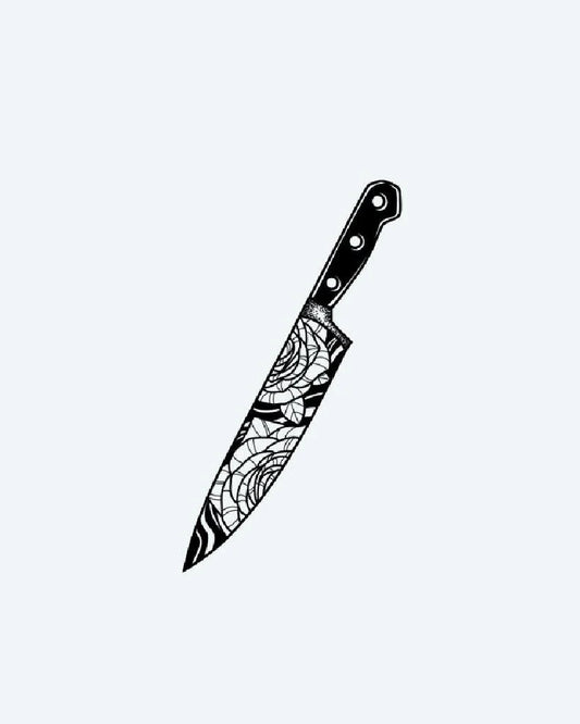 Rose Chef's Knife semi-permanent tattoo design by INKON – illustrative, blackwork, chef, knife, etched illustration, 3 x 4 in (6x11cm), available at inkon.co