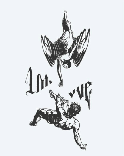 Fallen Angels & Lettering semi-permanent tattoo design by INKON – dramatic, scene, falling, angel, reaching illustration, 4 x 8 in (11x21cm), available at inkon.co