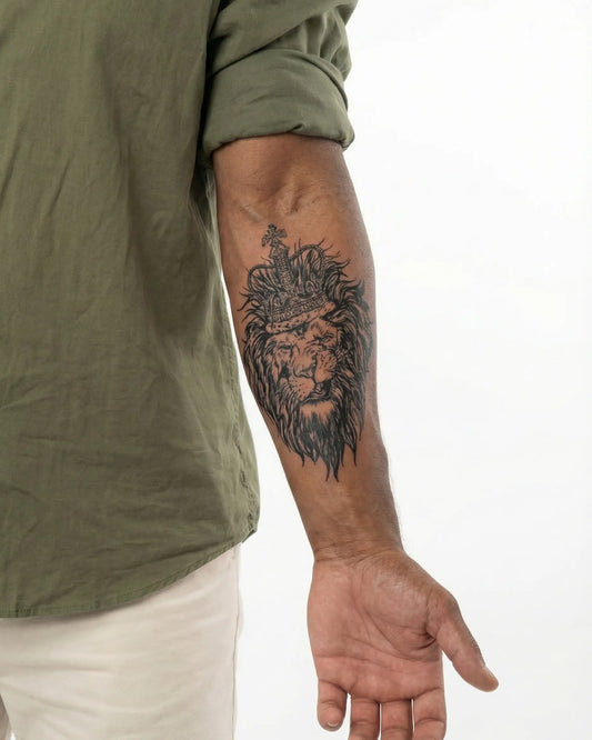 INKON Lion King Crown semi-permanent tattoo applied on a man – 4 x 7 in (10x17cm) design, realistic ink look, lasts 10 days