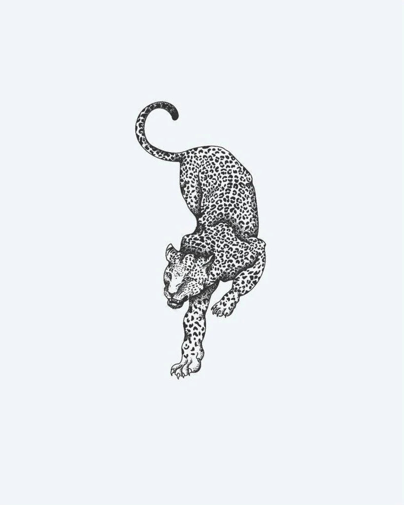 Prowling Leopard semi-permanent tattoo design by INKON – leopard, prowl, spotted, rendered, fine illustration, 4 x 4 in (9x9cm), available at inkon.co