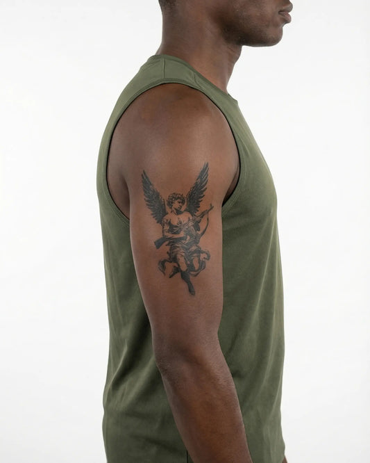 INKON Armed Cherub semi-permanent tattoo applied on a man – 4 x 7 in (10x17cm) design, realistic ink look, lasts 10 days