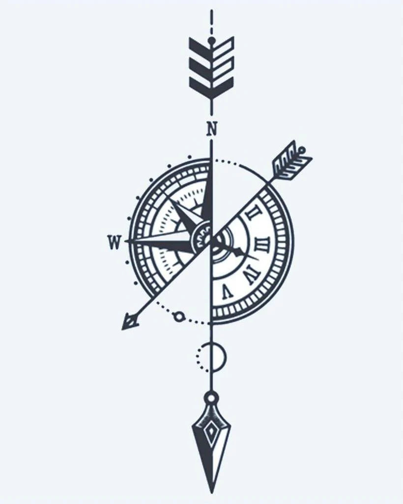 Compass & Arrow semi-permanent tattoo design by INKON – compass, rose, merged, clock, face illustration, 4 x 7 in (10x17cm), available at inkon.co
