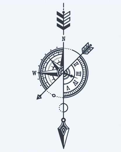 Compass & Arrow semi-permanent tattoo design by INKON – compass, rose, merged, clock, face illustration, 4 x 7 in (10x17cm), available at inkon.co