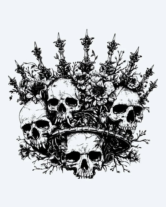 Skull Crown semi-permanent tattoo design by INKON – crown, multiple, human, skulls, adorned illustration, 4 x 4 in (9x9cm), available at inkon.co