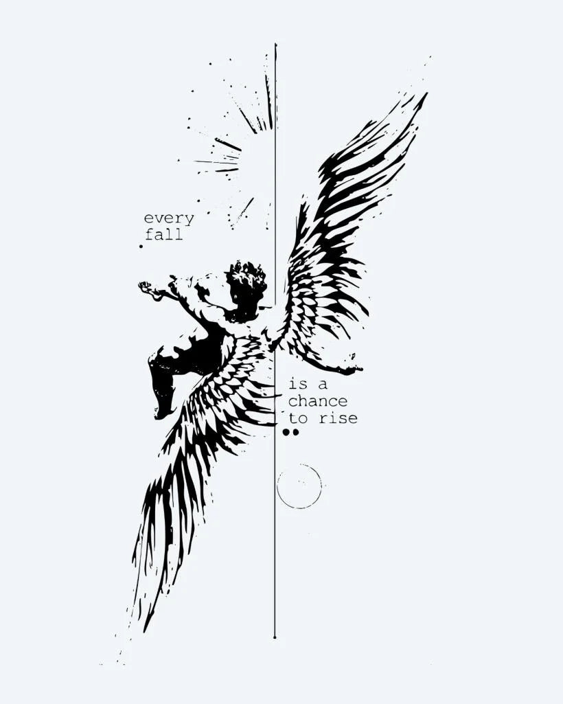 Fallen Angel & Quote semi-permanent tattoo design by INKON – inspirational, fallen, angel, spread, wings illustration, 4 x 8 in (11x21cm), available at inkon.co