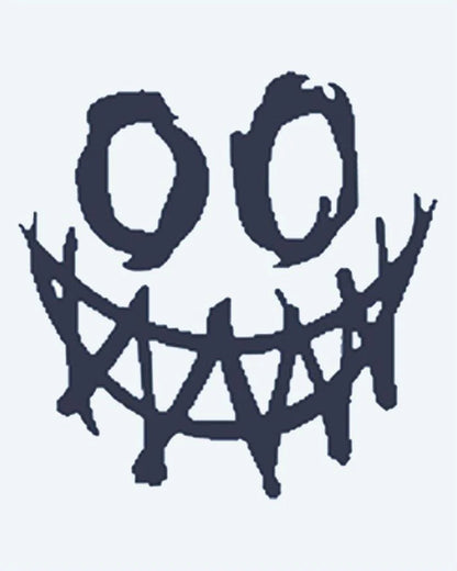 Creepy Smile semi-permanent tattoo design by INKON – unsettling, grunge, smiley, face, hollow illustration, 2 x 2 in (5x5cm), available at inkon.co