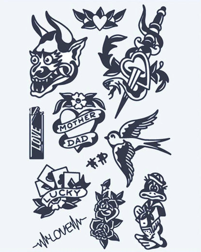Old School Flash Sheet semi-permanent tattoo design by INKON – american, flash, sheet, mask, swallow illustration, 4 x 7 in (10x17cm), available at inkon.co