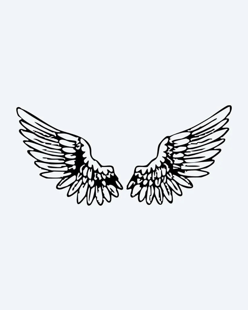 Angel Wings Pair semi-permanent tattoo design by INKON – open, angel, wings, illustrative, feathers illustration, 4 x 8 in (11x21cm), available at inkon.co