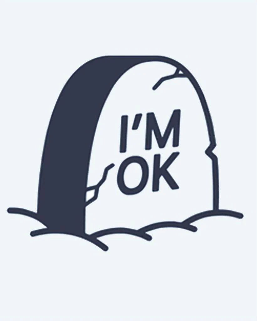 I'm OK Tombstone semi-permanent tattoo design by INKON – humorous, cracked, tombstone, inscription, darkly illustration, 2 x 2 in (5x5cm), available at inkon.co