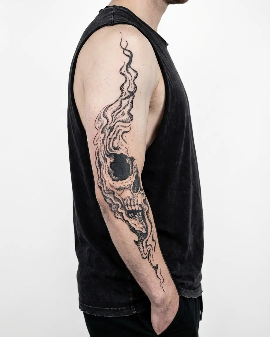 INKON Smoke Skull semi-permanent tattoo applied on a man – 8 x 20 in (20x50cm) design, realistic ink look, lasts 10 days