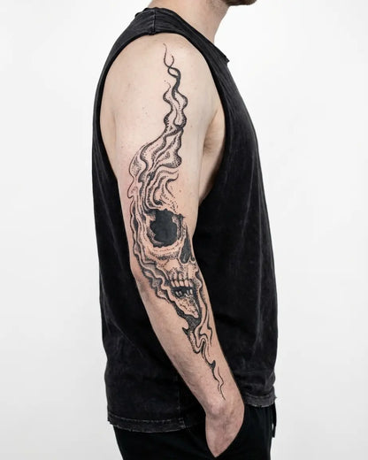 INKON Smoke Skull semi-permanent tattoo applied on a man – 8 x 20 in (20x50cm) design, realistic ink look, lasts 10 days