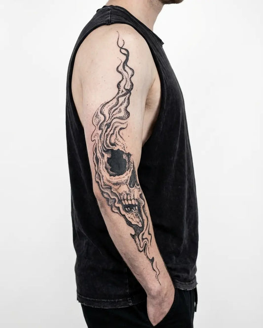 INKON Smoke Skull semi-permanent tattoo applied on a man – 8 x 20 in (20x50cm) design, realistic ink look, lasts 10 days