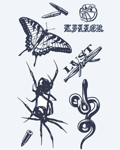Dark Flash Sheet semi-permanent tattoo design by INKON – flash, butterfly, spider, snake, bullets illustration, 4 x 7 in (10x17cm), available at inkon.co