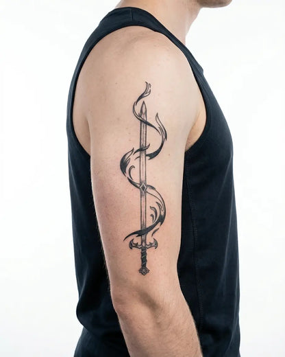 INKON Sword & Dark Flames semi-permanent tattoo applied on a man – 4 x 8 in (11x21cm) design, realistic ink look, lasts 10 days