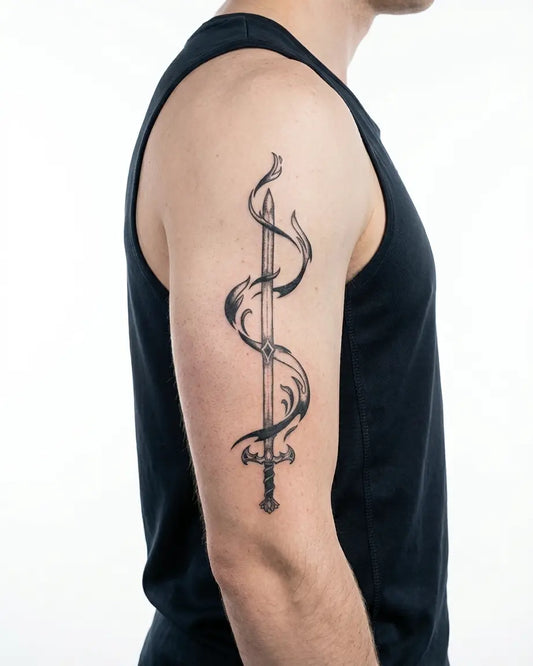 INKON Sword & Dark Flames semi-permanent tattoo applied on a man – 4 x 8 in (11x21cm) design, realistic ink look, lasts 10 days