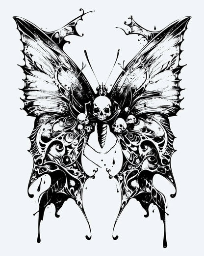 Skull Butterfly semi-permanent tattoo design by INKON – gothic, butterfly, ornate, wings, embedded illustration, 4 x 7 in (10x17cm), available at inkon.co
