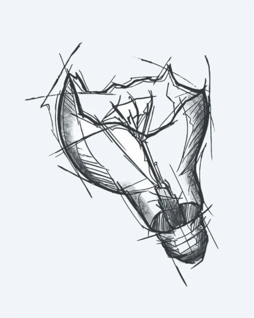 Broken Light Bulb semi-permanent tattoo design by INKON – sketchy, broken, light, bulb, illustrative illustration, 3 x 4 in (7x10cm), available at inkon.co