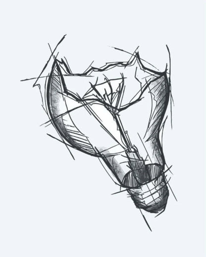 Broken Light Bulb semi-permanent tattoo design by INKON – sketchy, broken, light, bulb, illustrative illustration, 3 x 4 in (7x10cm), available at inkon.co