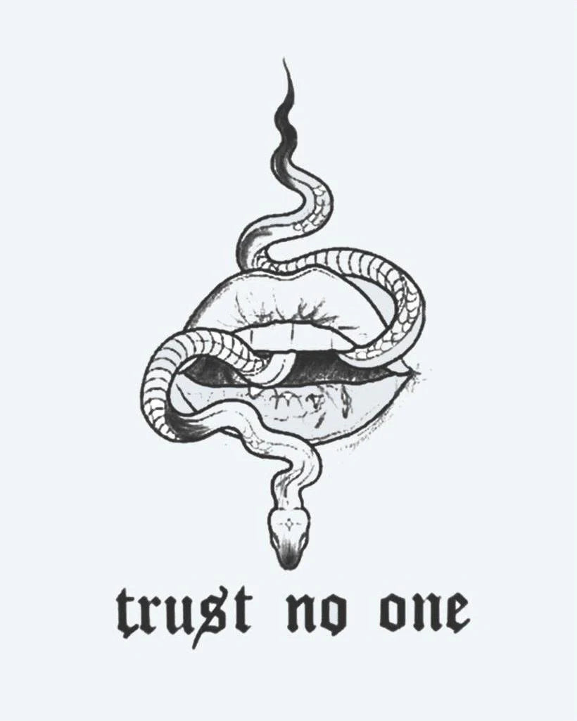Snake & Lips - Trust No One semi-permanent tattoo design by INKON – snake, slithering, through, parted, lips illustration, 3 x 4 in (6x11cm), available at inkon.co