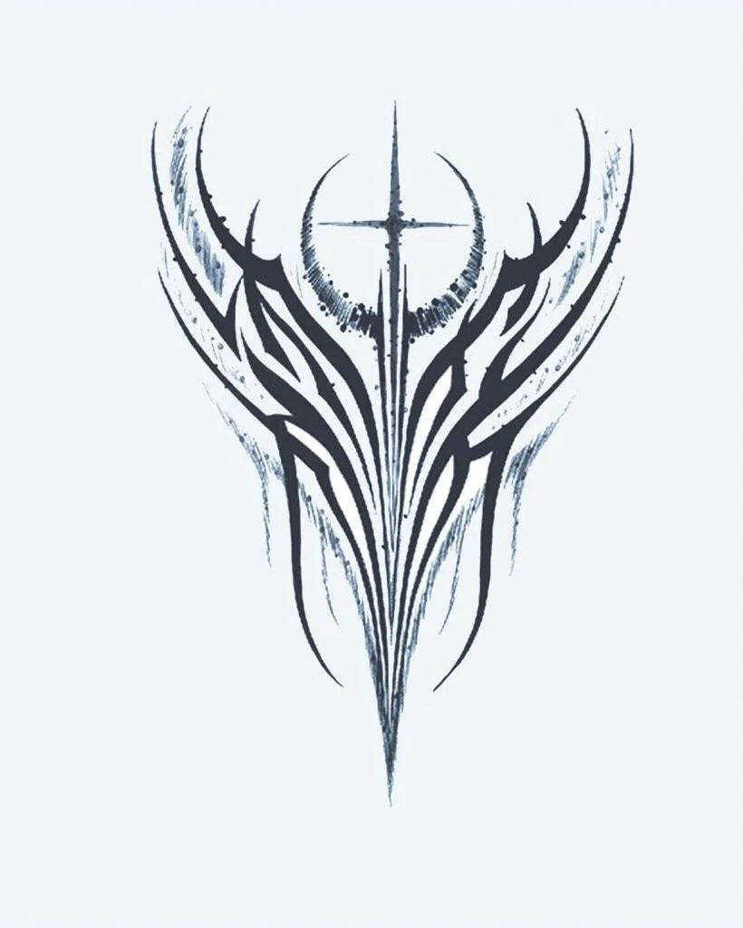 Tribal Wings & Cross semi-permanent tattoo design by INKON – symmetrical, tribal, wings, crescent, moon illustration, 4 x 8 in (11x21cm), available at inkon.co