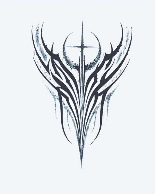 Tribal Wings & Cross semi-permanent tattoo design by INKON – symmetrical, tribal, wings, crescent, moon illustration, 4 x 8 in (11x21cm), available at inkon.co