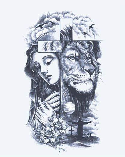 Praying Woman, Lion & Cross semi-permanent tattoo design by INKON – praying, woman, lion, face, split illustration, 4 x 7 in (10x17cm), available at inkon.co
