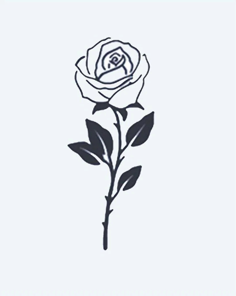 Single Stem Rose semi-permanent tattoo design by INKON – single, stem, rose, petals, leaves illustration, 2 x 2 in (5x5cm), available at inkon.co