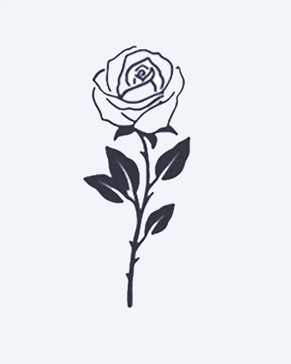 Single Stem Rose semi-permanent tattoo design by INKON – single, stem, rose, petals, leaves illustration, 2 x 2 in (5x5cm), available at inkon.co
