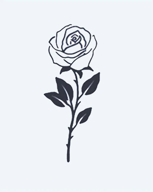 Single Stem Rose semi-permanent tattoo design by INKON – single, stem, rose, petals, leaves illustration, 2 x 2 in (5x5cm), available at inkon.co