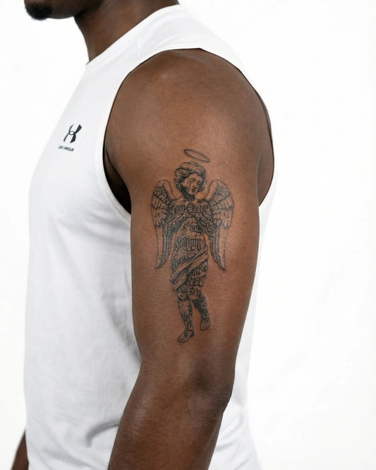INKON Lettered Angel semi-permanent tattoo applied on a man – 4 x 7 in (10x17cm) design, realistic ink look, lasts 10 days