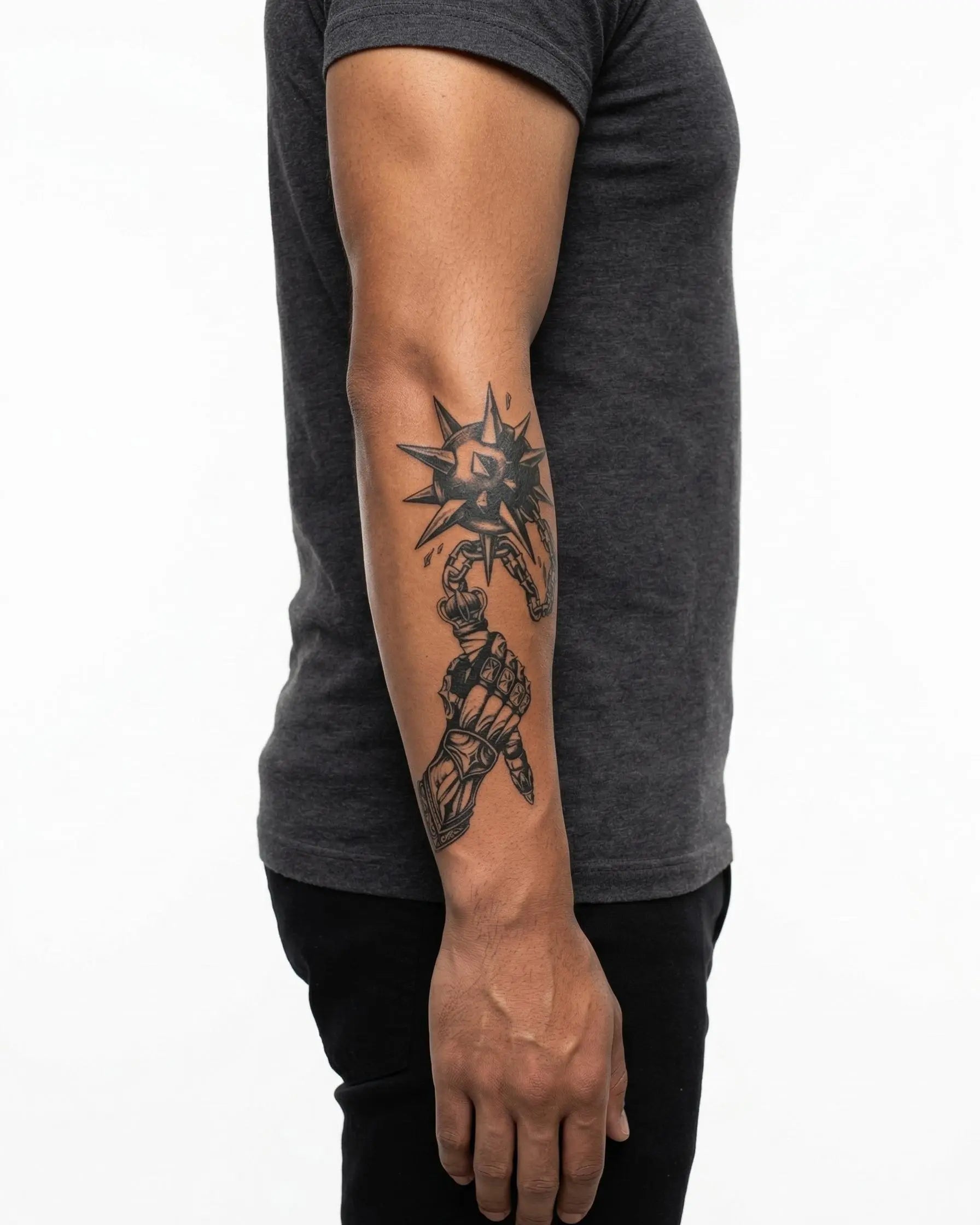 INKON Armored Fist & Mace semi-permanent tattoo applied on a man – 4 x 7 in (10x17cm) design, realistic ink look, lasts 10 days