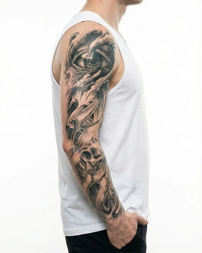 INKON Dragon Eye & Skull semi-permanent tattoo applied on a man – 8 x 20 in (20x50cm) design, realistic ink look, lasts 10 days