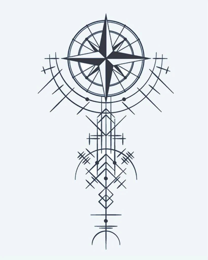 Geometric Compass Rose semi-permanent tattoo design by INKON – compass, star, geometric, line, patterns illustration, 4 x 7 in (10x17cm), available at inkon.co